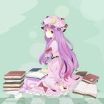  blush book bow checkered checkered_floor crescent hair_bow hat long_hair maeko on_floor patchouli_knowledge purple_eyes purple_hair sitting solo touhou violet_eyes 