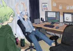  2girls blue_eyes blue_pants blue_shirt calendar_(object) chair closed_mouth commentary_request desk full_body green_hair highres indoors kashigi_oekaki long_hair meme mixing_console monster_energy multiple_girls nope_(drink) office_chair one_eye_closed open_mouth painterly pants recording_audio shirt sitting smile speaki_(trickcal) speakiposting_(meme) stretching swivel_chair trickcal voicevox white_hair whitecul zundamon 