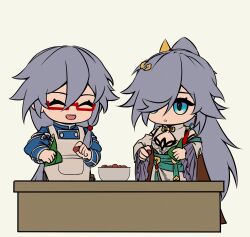  2girls apron blue_eyes blue_shirt bowl china_dress chinese_clothes chinese_commentary commentary_request cooking deformed dress dual_persona fu_hua fu_hua_(valkyrie_accipiter) glasses grey_hair high_ponytail highres honkai_(series) honkai_impact_3rd multiple_girls ponytail red-framed_eyewear shirt smile white_apron zhishiyizhishilaimu 