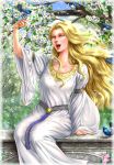  bird blonde_hair blue_eyes dress flower idril_celebrindal kamehame long_hair lord_of_the_rings open_mouth silmarillion tree 