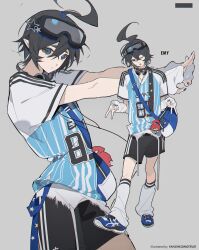  1boy abby_(aotu_world) absurdres aotu_world arm_warmers artist_name bag bag_charm black_hair black_shorts blue_bag blue_eyes blue_nails blue_shirt blue_shoes cameo cathon613 character_charm character_name charm_(object) chinese_commentary clothes_writing commentary_request crossbody_bag crossed_bangs emy_(aotu_world) fashion fingernails goggles goggles_on_head grey_background hair_between_eyes hair_ornament headphones headphones_around_neck highres leg_warmers male_focus multiple_views open_mouth pointy_ears shirt shoes short_hair short_sleeves shorts simple_background sneakers star_(symbol) star_hair_ornament stretching topknot two-tone_shirt v white_arm_warmers white_leg_warmers white_shirt wishcore y2k_fashion 