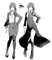  1girl azami_masurao boots buttons collarbone collared_shirt combat_boots commentary_request contrapposto cross cross_necklace greyscale hair_between_eyes hair_ornament hair_scrunchie hand_on_own_hip high_heels highres jacket jewelry long_sidelocks looking_at_viewer mole mole_under_mouth monochrome necklace noel_(tsukihime) nun official_alternate_costume open_clothes open_jacket pantyhose pencil_skirt scrunchie shirt side_ponytail side_slit sidelocks skirt smile standing thighs tsukihime tsukihime_(remake) wavy_sidelocks wing_collar 
