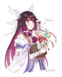  1girl animal animalization arm_ribbon bare_shoulders black_hair blush bow bright_pupils cat chinese_commentary columbina_(genshin_impact) commentary_request cropped_torso dress english_text genshin_impact hair_ribbon head_wings highres holding holding_animal holding_cat long_hair multicolored_hair parted_lips purple_hair qiukui ribbon sandrone_(genshin_impact) simple_background twitter_username upper_body very_long_hair violet_eyes white_background white_bow white_pupils white_ribbon white_wings winding_key wings wrist_bow 