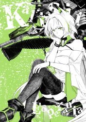  1girl absurdres animal_ear_fluff animal_ears arknights bare_shoulders boots bracelet cat_ears cat_girl character_name full_body green_background green_eyes green_streaks hand_on_own_chin head_rest highres jewelry kal'tsit_(arknights) long_hair multicolored_hair off-shoulder_shirt off_shoulder peng_ja shirt simple_background sitting solo streaked_hair thigh-highs 