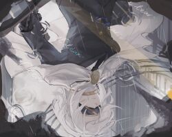  1girl absurdres black_jacket black_necktie blindfold cape faust_(project_moon) highres jacket limbus_company necktie project_moon puddle rain reflection reflection_focus reflective_liquid ripples short_hair solo ttehomase upper_body upside-down white_cape white_hair 