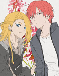  2boys alternate_costume alternate_hairstyle asymmetrical_bangs bishounen black_eyeliner deidara_(naruto) earrings expressionless eyeliner fanny_pack flower grey_jacket hair_bun hair_over_one_eye hayamin35 highres hood hoodie implied_yaoi jacket jewelry looking_at_viewer makeup male_focus multiple_boys naruto_(series) naruto_shippuuden red_eyes red_flower red_hair ring sasori_(naruto) shirt short_hair simple_background smile watercolor_effect white_shirt 