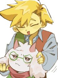  2boys annoyed blonde_hair closed_eyes closed_mouth colored_skin commentary deltarune fangs flowery_(deltarune) furry furry_male green_robe highres horns looking_at_another looking_down looking_up male_focus multiple_boys open_mouth pink_horns pink_scarf ralsei robe round_eyewear scarf shirt skin_fangs smile spoilers utdr_(toby_fox) white_background white_fur white_shirt y9m631 yellow_skin 