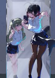  2girls black_hair black_pantyhose black_skirt blush breasts button_gap closed_mouth colored_inner_hair commentary_request corin_wickes ellen_joe ellen_joe_(on_campus) flat_chest green_hair gyaru_v hair_between_eyes highres holding holding_phone large_breasts long_hair looking_at_another mole mole_under_eye multicolored_hair multiple_girls official_alternate_costume open_mouth pantyhose phone red_eyes red_hair red_nails reflection reflection_focus screw_hair_ornament selfie shark_girl shirt short_hair skirt smile taking_picture tora_(kumo_sakamoto) twintails v violet_eyes white_shirt zenless_zone_zero 