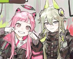 2girls alternate_hair_length_(longer) bad_id bad_twitter_id buttons cheek_pinching close_game/offline_(project_sekai) closed_mouth double-parted_bangs gloves green_hair grin hair_between_eyes halo hands_up kusanagi_nene long_hair long_sleeves looking_at_viewer mechanical_halo multiple_girls official_alternate_costume official_alternate_hairstyle ootori_emu pinching pink_eyes pink_hair project_sekai sidelocks smile tm555 upper_body violet_eyes 