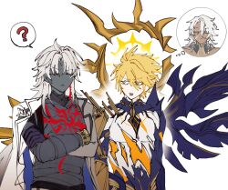  3boys :< ahoge armor asymmetrical_wings bandaged_chest belt blade_(honkai:_star_rail) blonde_hair blue_jacket bodysuit bracelet braid brown_belt chinese_clothes closed_eyes closed_mouth colored_skin cracked_skin crossed_arms dark-skinned_male dark_skin detached_collar earrings gauntlets gold_bracelet grey_skin hair_between_eyes halo halo_behind_head highres honkai:_star_rail honkai_(series) jacket jewelry lapels long_hair long_hair_between_eyes long_sleeves looking_at_another male_focus mortenax_blade_(honkai:_star_rail) multiple_boys nanook_(honkai:_star_rail) open_clothes open_jacket pauldrons phainon_(honkai:_star_rail) phainon_(khaslana)_(honkai:_star_rail) purple_bodysuit sakae_0_0 scar scar_on_face short_hair shoulder_armor sidelocks simple_background single_earring single_gauntlet single_pauldron speech_bubble spoken_character standing sweat tassel tassel_earrings teeth thought_bubble twin_braids two-sided_fabric two-sided_jacket upper_body v-shaped_eyebrows white_background white_hair white_jacket wings yellow_eyes yellow_halo 