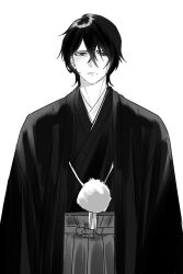  1boy absurdres bkg0303 bleach commentary_request crossed_bangs eyes_visible_through_hair frown green_eyes greyscale hakama haori highres japanese_clothes korean_commentary male_focus monochrome solo spot_color straight-on ulquiorra_cifer upper_body 
