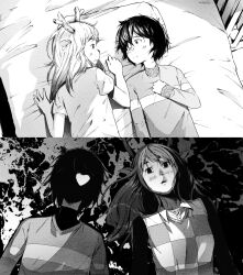  1girl 1other absurdres antlers bandaid bandaid_on_face bandaid_on_nose checkered_clothes checkered_sweater_vest collared_shirt commentary deer_antlers deer_girl deltarune english_commentary furry furry_female greyscale heart highres horns kris_(deltarune) long_hair lying monochrome noelle_holiday oyasumi_punpun pillow shirt short_hair signature single_horizontal_stripe soul_(utdr) striped_clothes striped_sweater sweater sweater_vest utdr_(toby_fox) wreckedmonger 