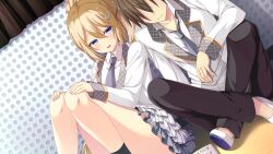  1boy 1girl black_pants black_socks blonde_hair blue_eyes brown_hair closed_mouth curtains dutch_angle e_school_ilfe faceless faceless_male frilled_skirt frills game_asset grey_jacket grey_necktie hair_ornament hugging_own_legs indian_style jacket jinnai_rikako lapels long_sleeves looking_at_another miniskirt multicolored_jacket necktie non-web_source note official_art on_floor open_mouth pants plaid_clothes ponytail rinks school_uniform shoes short_hair side-by-side sitting skirt sleeve_cuffs socks standing tachi-e transparent_background two-tone_jacket uwabaki white_jacket white_shoes 