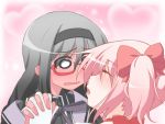  aiai_(jsm) akemi_homura alternate_hairstyle blush glasses kaname_madoka long_hair mahou_shoujo_madoka_magica multiple_girls mutual_yuri red-framed_glasses short_hair short_twintails spoilers twintails wavy_mouth yuri 