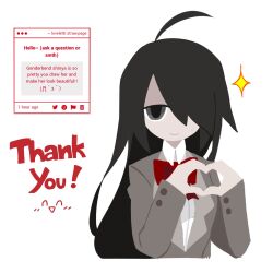  1girl ahoge awawah88 black_hair bow bowtie buttons closed_mouth collared_shirt commentary cosplay cropped_torso english_text funamusea genderswap genderswap_(mtf) grey_eyes grey_jacket hair_over_one_eye heart heart_hands highres huge_ahoge jacket kurai_shinya kurai_yonaka kurai_yonaka_(cosplay) long_hair mogeko_castle no_lineart partially_shaded_face red_bow red_bowtie shirt simple_background smile solo sparkle strawpage thank_you white_background white_shirt 