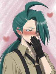  1girl absurdres ahoge black_gloves black_necktie blush bright_pupils collared_shirt commentary_request covering_own_mouth earrings gloves green_hair hand_up heart highres jewelry long_hair looking_down necktie pokemon pokemon_scarlet_and_violet ponytail rara_(raca3854) red_eyes rika_(pokemon) shirt solo stud_earrings suspenders upper_body white_pupils 