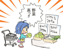  1girl blue_eyes blue_hair blue_shirt blush comedic_sweatdrop commentary_request food holding holding_food kabiinyo_(kab) lettuce long_sleeves open_mouth original pink_shoes profile purple_skirt shirt shoes shopping_cart skirt socks solo spring_onion sweatdrop translation_request wavy_mouth white_background white_socks 