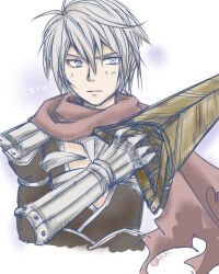  1boy armor assassin_cross_(ragnarok_online) black_shirt blue_eyes brown_scarf closed_mouth commentary_request dagger fuhka grey_hair hair_between_eyes holding holding_dagger holding_knife holding_weapon jamadhar knife looking_at_viewer lowres male_focus pauldrons ragnarok_online scarf shirt short_hair shoulder_armor solo upper_body v-shaped_eyebrows vambraces weapon white_background 