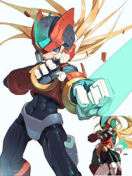  1boy armor black_eyes blonde_hair cowboy_shot energy_sword forehead_jewel helmet highres holding holding_sword holding_weapon long_hair mega_man_(series) mega_man_zero_(series) omochi_(mochi_skymega) red_armor red_helmet simple_background solo_focus sword weapon white_background z_saber zero(z)_(mega_man) zero_(mega_man) 