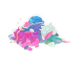  1boy 1girl 2others beak blue_hair blue_skin bracelet closed_eyes colored_skin commentary deltarune english_commentary floppy_ears furry furry_male highres hug jewelry kawkaw_(deltarune) kris_(dark_world)_(deltarune) kris_(deltarune) multiple_others niri_i open_mouth pink_hair pink_scarf pink_shirt ralsei round_eyewear scarf shirt sleeping spiked_bracelet spikes susie_(dark_world)_(deltarune) susie_(deltarune) utdr_(toby_fox) white_background white_fur zzz 