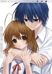  2000s_(style) ahoge antenna_hair art_program_in_frame blue_eyes blue_hair brown_hair clannad closed_mouth collared_shirt couple flat_chest from_side furukawa_nagisa hair_between_eyes hands_on_another's_wrists head_on_head head_rest hetero highres hikarizaka_private_high_school_uniform hug hug_from_behind light_blush looking_at_another looking_at_viewer medium_hair neck_ribbon nemu_(zutto_oyasu3) okazaki_tomoya parted_lips red_ribbon ribbon sailor_collar school_uniform serafuku shirt short_hair short_sleeves simple_background standing tsurime upper_body white_background white_sailor_collar white_shirt 