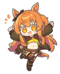  1girl :d ^^^ animal_ears arms_up belt belt_buckle blush bomber_jacket boots bow brown_belt brown_ribbon brown_thighhighs buckle chibi chibi_only crop_top dog_tags ear_bow ear_ribbon full_body green_jacket horse_ears horse_girl horse_tail jacket leg_up long_hair long_sleeves looking_at_viewer mayano_top_gun_(scramble_zone)_(umamusume) mayano_top_gun_(umamusume) midriff navel open_clothes open_jacket open_mouth orange_eyes orange_hair orange_tail ribbon shirt shorts simple_background smile solo standing standing_on_one_leg ta93ura tail thigh-highs two_side_up umamusume white_background white_shorts yellow_shirt 