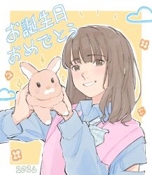  1girl 2026 animal animification blue_shirt blunt_bangs blush border bow bowtie brown_eyes brown_hair collared_shirt commentary_request grey_bow grey_bowtie grin happy_birthday holding holding_animal holding_rabbit long_sleeves looking_at_viewer medium_hair nirei_nozomi outside_border pink_sweater_vest porari rabbit real_life school_uniform shirt simple_background smile solo sparkle sweater_vest upper_body voice_actor white_border yellow_background 