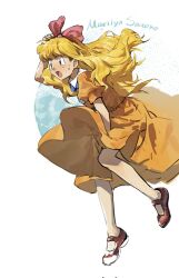  1boy aihara-rina ash_ketchum ashley_(pokemon) blonde_hair bow bow_hairband chinese_commentary commentary_request crossdressing crossdressing_(mtf) dress from_side full_body hair_bow hairband hand_on_own_head highres male_focus open_mouth orange_dress pink_bow pokemon pokemon_(anime) pokemon_(classic_anime) puffy_short_sleeves puffy_sleeves red_shoes shoes short_sleeves solo sweatdrop wig 
