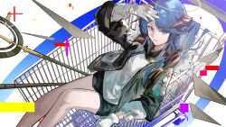  1girl arknights black_horns black_jacket black_shorts blue_eyes blue_hair commentary detached_sleeves feet_out_of_frame fur_trim gloves grey_halo halo hand_on_own_head highres horns in_shopping_cart jacket long_hair long_sleeves looking_at_viewer mostima_(arknights) naoel_(naoel_art) open_clothes open_jacket parted_lips shirt shopping_cart shorts solo traditional_halo white_gloves white_shirt 
