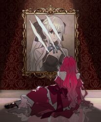  1girl animal_feet arm_support baobhan_sith_(fate) baobhan_sith_(first_ascension)_(fate) bare_shoulders deer_girl detached_sleeves dress facing_away fate/grand_order fate_(series) from_behind highres hooves indoors light_particles long_hair long_sleeves looking_at_object morgan_le_fay_(fate) morgan_le_fay_(first_ascension)_(fate) on_floor painting_(object) picture_frame portrait_(object) red_dress red_hair reflective_floor sitting sleeveless sleeveless_dress solo torn_painting vo1ez 