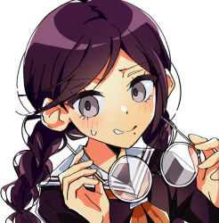  1girl blush braid collared_shirt commentary danganronpa:_trigger_happy_havoc danganronpa_(series) eyelashes fukawa_toko glasses holding holding_removed_eyewear long_hair mole mole_under_mouth neckerchief purple_hair purple_shirt red_neckerchief round_eyewear sailor_collar shirt simple_background solo sweatdrop twin_braids twintails unworn_eyewear user_hmff3223 violet_eyes white-framed_eyewear white_background white_sailor_collar 