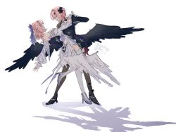  2girls angel_wings arm_around_another's_waist black_dress black_thighhighs black_wings dancing dip_(dance_move) dress dual_persona eye_contact hand_on_another's_back hand_on_another's_waist high_heels highres holding_hands karetokoi looking_at_another medium_hair multiple_girls pink_hair pointy_ears remielle_dan remielle_dan_(moonlight_whispers) shadow tango thigh-highs white_dress white_thighhighs white_wings wings wolf_cut zenless_zone_zero 