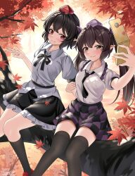  2girls autumn_leaves black_hair black_necktie black_skirt black_thighhighs blush cellphone day highres himekaidou_hatate holding holding_phone leaf mfng235717 multiple_girls necktie outdoors phone red_hair shameimaru_aya shirt short_hair sitting skirt smile thigh-highs touhou tree v white_shirt 