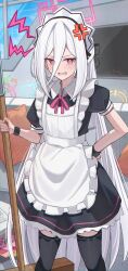  absurdres alternate_costume anger_vein apron black_bow black_dress black_thighhighs blue_archive blush bow broom collared_dress commentary cowboy_shot dot_nose dress hair_between_eyes halo hanma_amnah highres holding holding_broom kei_(blue_archive) kei_(student)_(blue_archive) long_hair long_hair_between_eyes long_sidelocks looking_at_viewer maid maid_headdress medium_dress neck_ribbon peanut_mouth pink_eyes pink_halo pink_ribbon rectangular_halo ribbon ringed_eyes short_sleeves sidelocks thigh-highs very_long_hair white_apron white_hair zettai_ryouiki 