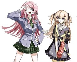  2girls arm_warmers bang_dream! bang_dream!_it's_mygo!!!!! bang_dream!_our_notes blonde_hair chihaya_anon commentary_request diagonal-striped_clothes diagonal-striped_necktie dress fang green_skirt grey_dress grey_jacket hair_ornament hairclip haneoka_school_uniform highres jacket long_hair multiple_girls necktie nou_325 open_mouth pink_hair plaid_clothes plaid_skirt pleated_skirt school_uniform shinomiya_shizuku simple_background single_arm_warmer skin_fang skirt striped_clothes striped_necktie two_side_up violet_eyes white_background 