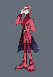  1boy adjusting_eyewear arm_behind_back black-framed_eyewear boots closed_mouth coat commentary english_commentary full_body glasses grey_background highres laurippo leggings long_sleeves male_focus maxie_(pokemon) orange-tinted_eyewear pokemon pokemon_omega_ruby_and_alpha_sapphire red_boots red_coat red_hair red_leggings red_shorts red_sweater short_hair shorts simple_background solo standing sweater team_magma team_magma_uniform tinted_eyewear turtleneck turtleneck_sweater 