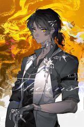  1boy arknights artist_name bishounen black_gloves black_hair black_shirt character_name closed_mouth dark-skinned_male dark_skin ear_piercing earclip earrings fingerless_gloves gloves hair_ornament highres jewelry krab_(fumekrab) looking_at_viewer male_focus multiple_rings orange_eyes piercing ponytail ring shirt short_ponytail sleeves_rolled_up solo thorns_(arknights) upper_body vest white_vest yellow_background 