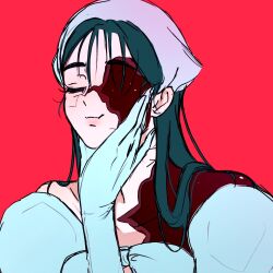  1girl :t alien_stage bandana black_hair closed_eyes commentary dress gloves hand_on_own_chin highres long_hair portrait red_background solo sophz_fg sua_(alien_stage) sua_(zombie_stage) veil_(manga) white_bandana white_dress white_gloves zombie_stage 