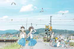  2girls 5boys :d ankle_socks arai_youjirou arm_up backpack bag bicycle bird blue_skirt blue_sky closed_mouth clouds crossbuck day eye_contact falling_leaves feet_out_of_frame food glasses hand_up holding holding_strap indian_style leaf looking_at_another looking_back looking_to_the_side low_twintails medium_skirt mouth_hold multiple_boys multiple_girls on_ground open_mouth original people photo_background plastic_bag popsicle power_lines railing railroad_crossing railroad_signal railroad_tracks road road_sign round_eyewear school_bag school_uniform seagull shading_eyes shirt short_hair short_sleeves shoulder_bag sign sitting skirt sky smile socks standing street sunlight turning_head twintails utility_pole walking watermelon_bar white_shirt white_socks wide_shot wind wing_collar 