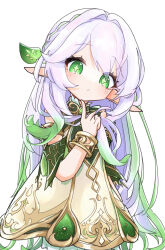  1girl absurdres alternate_hair_length_(longer) blush closed_mouth commentary dress english_commentary finger_to_own_chin genshin_impact green_eyes green_hair hair_ornament highres leaf_hair_ornament long_hair looking_at_viewer multicolored_hair nahida_(genshin_impact) nekot0_sabu pointy_ears solo symbol-shaped_pupils two-tone_hair very_long_hair white_dress white_hair 