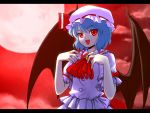  ascot bad_id bat_wings blue_hair brooch bust chagen_kokimu dress full_moon hat jewelry letterboxed moon open_mouth red_eyes red_moon remilia_scarlet sdmaiden short_hair slit_pupils smile solo touhou wings 
