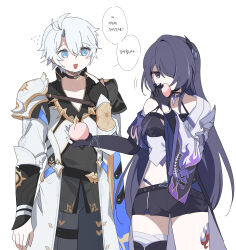  1boy 1girl absurdres acheron_(honkai:_star_rail) antenna_hair bare_shoulders black_choker black_shorts blue_eyes bra chabb_nb choker coat commentary couple eating food food_in_mouth fruit grey_hair hair_between_eyes hair_ornament hair_over_one_eye hand_up happy hetero highres holding holding_food holding_fruit honkai:_star_rail honkai_(series) japanese_clothes korean_text leg_tattoo long_hair long_sleeves multicolored_hair open_mouth pants peach phainon_(honkai:_star_rail) pointing pointing_at_self purple_hair shade short_shorts shorts smile speech_bubble standing stomach streaked_hair sun_symbol sun_tattoo tattoo translation_request underwear upper_body violet_eyes wavy_hair white_background wide_sleeves 