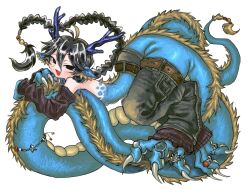  1boy absurdly_long_tail animal_ear_fluff animal_feet animal_hands arm_warmers baggy_pants bifuteki_(bi_futeki) black_eyes black_hair blue_scales braid braided_ponytail claws detached_pants dragon_boy dragon_ears dragon_horns dragon_tail eastern_dragon_horns eastern_dragon_tail fang full_body highres horns leg_warmers long_hair looking_at_viewer male_focus monster_boy original pants scales simple_background solo tail very_long_hair very_long_tail white_background 