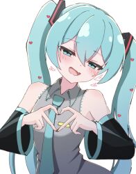  1girl aqua_eyes aqua_hair aqua_necktie bare_shoulders blush commentary cowboy_shot detached_sleeves fang grey_shirt hatsune_miku heart heart_hands kaeru_kobou long_hair looking_at_viewer necktie open_mouth shirt simple_background skin_fang sleeveless sleeveless_shirt solo very_long_hair vocaloid white_background 