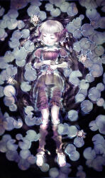  2000s_(style) afloat bare_arms bare_legs barefoot blonde_hair blunt_bangs bow closed_eyes commentary cross-laced_clothes cross-laced_top dress drill_hair expressionless floating floating_hair flower frilled_dress frills from_above goth_fashion gothic_lolita hair_bow lily_pad lipstick lolita_fashion long_hair makeup multiple_hair_bows original puffy_short_sleeves puffy_sleeves red_dress ripples rose ryuuran short_sleeves very_long_hair wet wet_clothes white_lily 