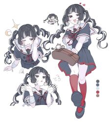  1girl bag bandages black_eyes color_guide crescent curly_hair full_body hand_in_own_hair heart highres hime_cut holding holding_bag japanese_clothes kokubote829 kuroyagi_maria long_hair looking_at_viewer mahou_shoujo_no_inshuu_mura multicolored_hair multiple_views open_mouth school_uniform simple_background smile sparkle sweatdrop twintails white_background white_hair 