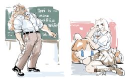 1boy 1girl 7oy7iger absurdres aged_down artist_name asgore_dreemurr beard blonde_hair blush chalkboard english_commentary facial_hair floppy_ears furry furry_female furry_male goat_horns highres horns looking_at_viewer round_eyewear school_uniform smile toriel undertale utdr_(toby_fox) white_fur