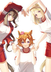  3girls absurdres admire_vega_(umamusume) animal_ears blonde_hair blush breasts brown_hair closed_mouth crown ear_covers gym_shirt hair_between_eyes heart_arms heart_arms_trio highres horse_ears horse_girl horse_tail jacket long_hair long_sleeves looking_at_viewer medium_breasts medium_hair multiple_girls narita_top_road_(umamusume) open_mouth orange_hair pink_crown ponytail red_jacket red_shorts shirt short_hair short_sleeves shorts single_ear_cover smile t.m._opera_o_(umamusume) tail tracen_training_uniform track_jacket umamusume umamusume:_road_to_the_top violet_eyes white_shirt yoru_usagi 