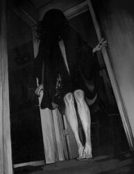  1girl absurdres barefoot black_dress black_hair black_nails blood blood_on_clothes blood_on_feet blood_on_hand colored_skin dark doorway dress dutch_angle feet from_below full_body greyscale highres horror_(theme) indoors jmfenner91 knees long_hair looking_at_viewer monochrome night original reflection solo standing surreal wide_sleeves 