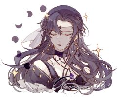  1girl black_lips closed_mouth evernight_goddess full_moon gem half_moon highres light_smile lipstick long_hair lord_of_the_mysteries makeup moon purple_hair shaoyun771 smile solo too_many_stars 